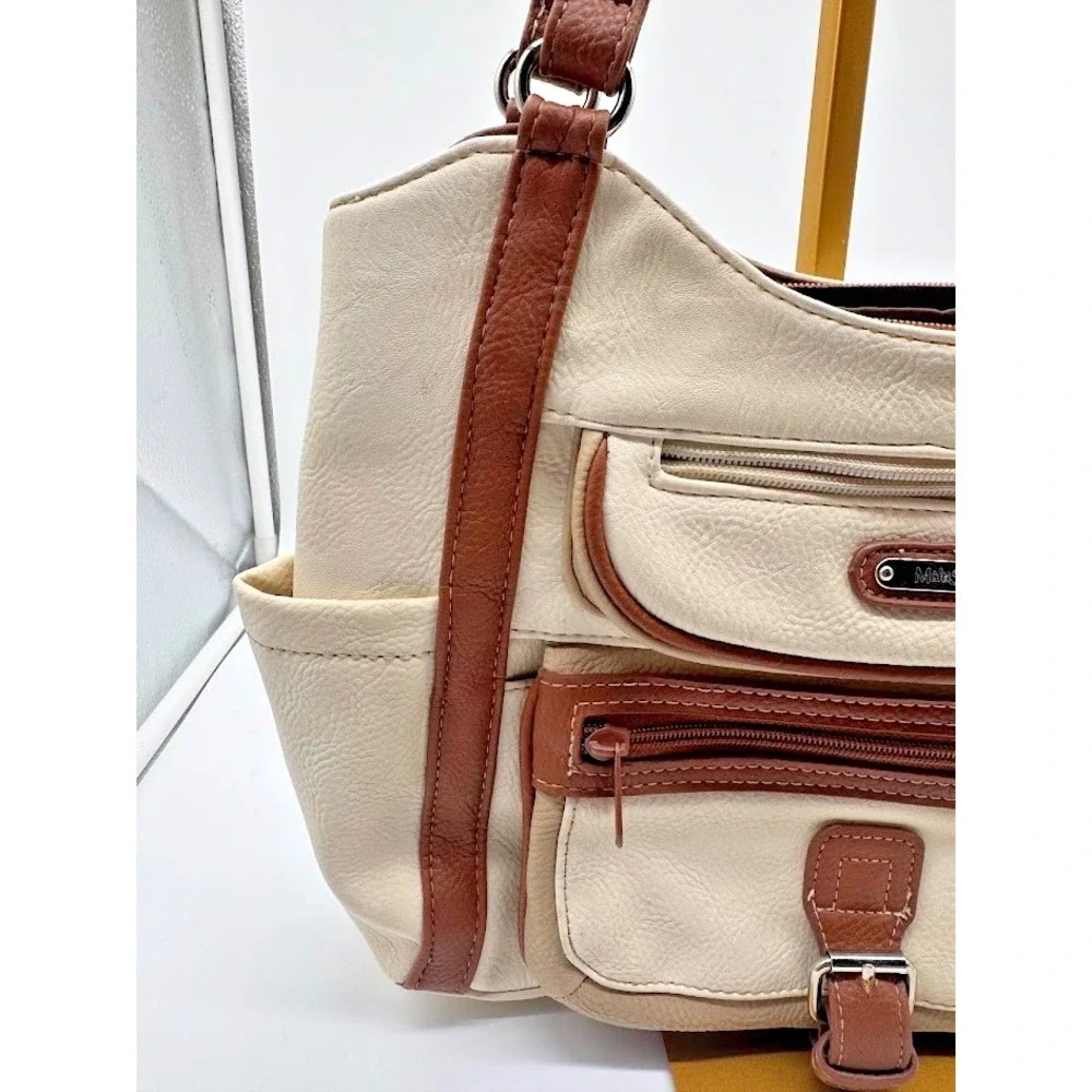 MultiSac Women Shoulder Bag Beige Brown Faux Leather Large Tote Zip Pockets